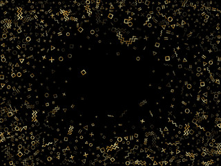 Memphis style geometric confetti vector background of triangle circle square shapes, chevron wavy lines.