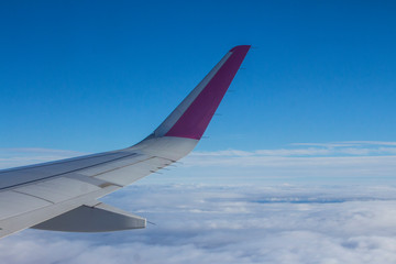 Obraz premium The wing of the plane in the clouds