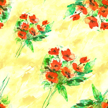 Watercolor, vintage seamless background with floral pattern. Abstract red flowers, rose poppy, wildflowers,  bud, leaf and seeds in a nice and trendy pattern. For textiles, wallpapers, materials