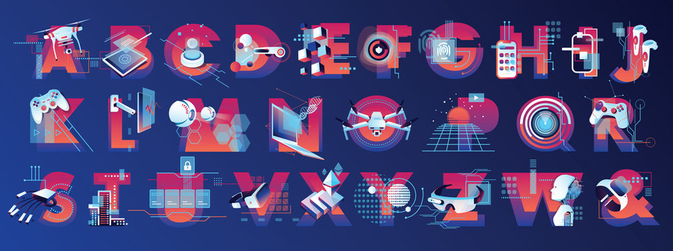 Virtual reality illustrated alphabet letters in vibrant colors