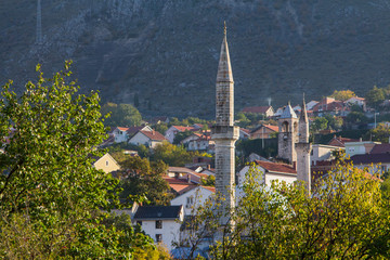 View of the minaret of the mosque in Mostar. Bosnia and Herzegovina
