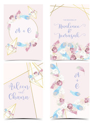 Fototapeta na wymiar Geometry pink green blue wedding invitation card with rose,leaf,ribbon,wreath,feather and frame
