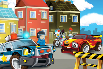 cartoon scene with police car driving through the city and policeman - illustration for children