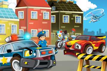 cartoon scene with police car driving through the city and policeman - illustration for children