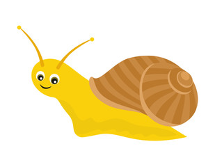 Funny cute snail isolated on white background. Vector illustration of cartoon character in flat style.