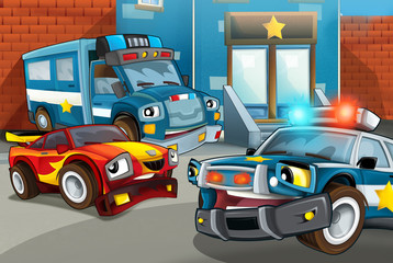 cartoon scene with police car and sports car car at city police station - illustration for children