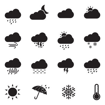  Weather Icons. Black Flat Design. Vector Illustration.