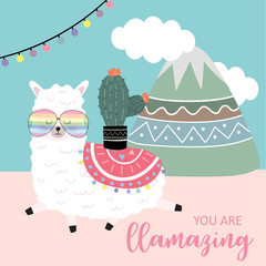 Blue pink hand drawn cute card with llama,flower,light,mountain and cloud.You are llamazing © piixypeach