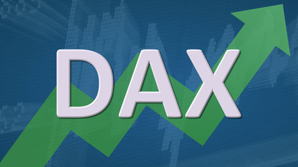 The German blue chip stock market index DAX is going up. A green zig-zag arrow behind the word DAX on a blue background with a stock market chart shows upwards, symbolizing a price rise or growth.