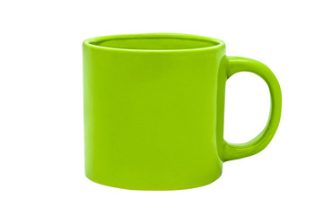 Green glass, colore mug on white background, coffee cup. Isolated