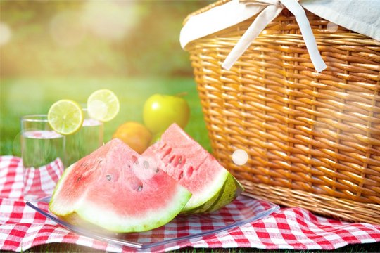 Picnic basket with watermelon on nature