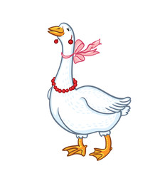 White Goose with pink bowknot isolated on white background