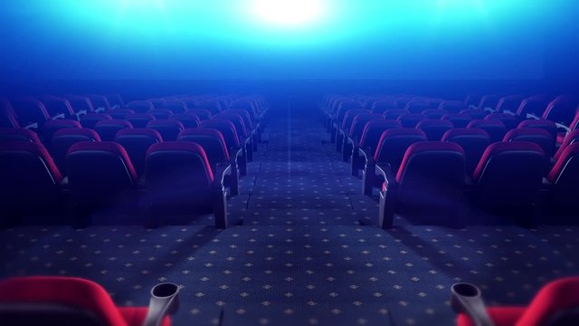 Cinema Theater With Red Chairs. Endless Movement Towards the Screen.  Cinema Seats in Theatre for Movies. Rows Of Comfortable Red Chairs In Dark Cinema Theater. Infinity Loop.
