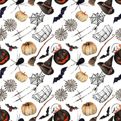 Watercolor Fashion Illustration. set of trendy accessories,Happy Halloween, tiara, pendants, earrings, candy bucket, hat,pumpkin, spider, broom,seamless pattern, light background