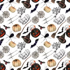 Behang Gotisch Aquarel mode illustratie. set trendy accessoires, Happy Halloween, tiara, hangers, oorbellen, snoepemmer, hoed, pompoen, spin, bezem, naadloos patroon, lichte achtergrond