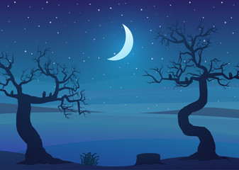 Drought area landscape at night with dead trees and a starry sky. Vector illustration