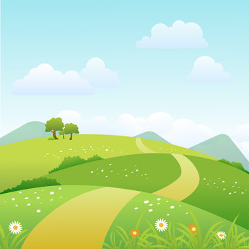 Spring landscape background with clouds and green meadow. Vector illustration