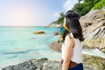 Young traveler girl at the sea, Phuket Thailand.