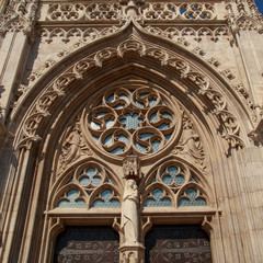 Fototapeta na wymiar Budapest the popular travel destination. Finely carved sand stone exterior details of a historical Matthias church in bright light in Budapest, Hungary