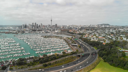 Aerial view of Auckland on a cloudy day, skyline and port, New Zealand
