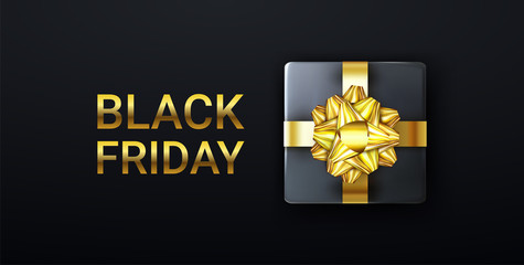 Minimalistic Black Friday Sale banner isolated on dark background. Shopping card golden color, layout for discount label and flyers