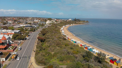 Fototapeta na wymiar Panoramic aerial view of Brighton Beach colorful huts, Victoria, Australia