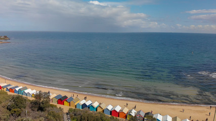 Fototapeta premium Brighton Beach's Beach Boxes, aerial panoramic view in winter