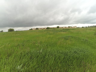 landscape with green field and blue sky