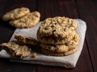 Delicious chocolate chip cookies over a wood table
