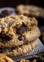 Delicious chocolate chip cookies over a wood table