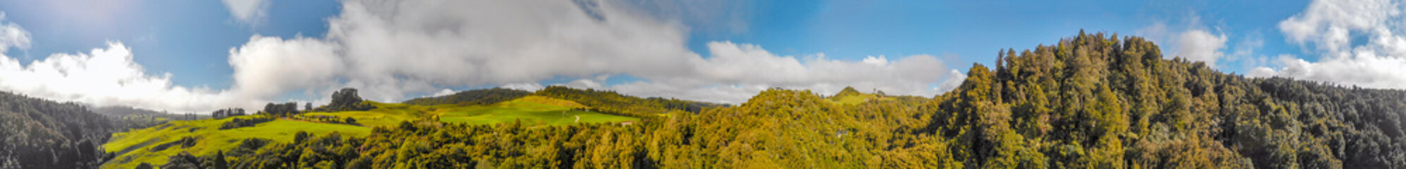 Waitomo countryside, panoramic view of New Zealand hills in spring