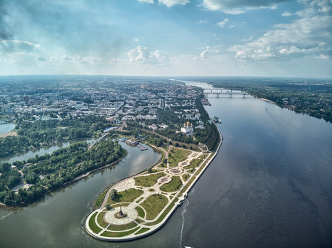 Famous Strelka park in place of confluence of Kotorosl and Volga rivers in Yaroslavl, Russia