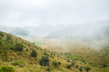 Mountains in the clouds. Horton Plains National Park, Sri Lanka
