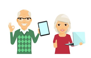 Fototapeta premium Elderly man and woman with gadgets in their hands. An elderly man with a tablet. An elderly woman with a laptop. Retirement age. In flat style on white background. Cartoon.