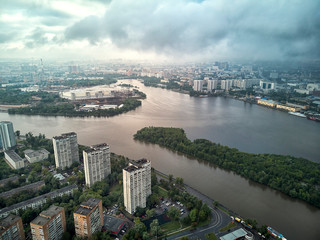 Panorama of the Nagatinsky floodplain district in Moscow aerial view