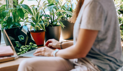 woman drinking coffee and working on a laptop in a cafe