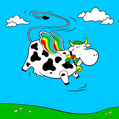 Flying cow flies in the sky. Vector illustration. Cow in the colors of the rainbow