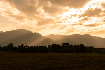 Landscape montain view during golden hour sunset hill in Chiangmai, Thailand.