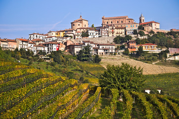 Village of La Morra in the Langhe region in autumn surrounded by vineyards, Piedmont, Italy