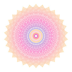 Round gradient mandala on white isolated background. Vector boho mandala in corar and pink colors. Mandala with floral patterns. Yoga template.
