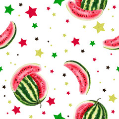 Seamless pattern with watermelon and stars. Hand drawn watercolor - 242878617