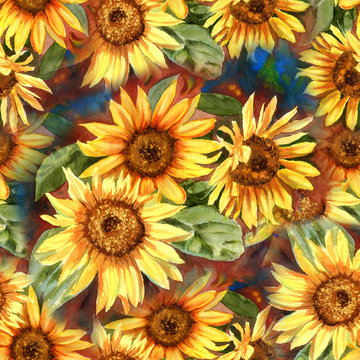 Seamless floral pattern with sunflowers. Hand drawn watercolor