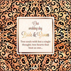 Gold Wedding Invitation card template design with damask pattern on background. Tradition decoration for wedding in baroque style