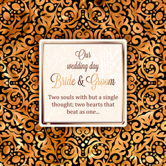 Gold Wedding Invitation card template design with damask pattern on background. Tradition decoration for wedding in baroque style