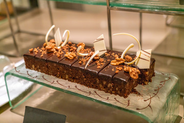Big and delicious Chocolate cheese cake in the hotel restaurant