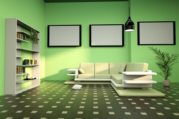  mock up poster frame in green living room, 3D Render