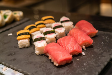 Variation of Sushi, Nigiri served with Soy Sauce and Wasabi