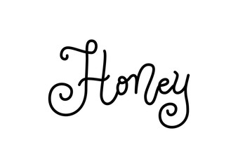 Modern calligraphy lettering of Honey in black isolated on white background for decoration, poster, banner, sticker, packaging, logo, shop, cafe, restaurant, bar, market