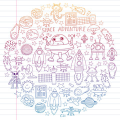Vector set of space elements icons in doodle style. Painted, colorful, gradient on a piece of linear paper on white background.