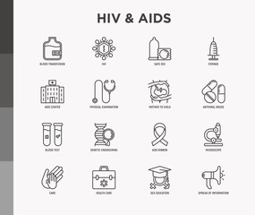 HIV and AIDs thin line icons set: safe sex, blood transfusion, syringe, antiviral drugs, physical examination, AIDs ribbon, blood test, microscope, genetic engineering. Modern vector illustration. - obrazy, fototapety, plakaty